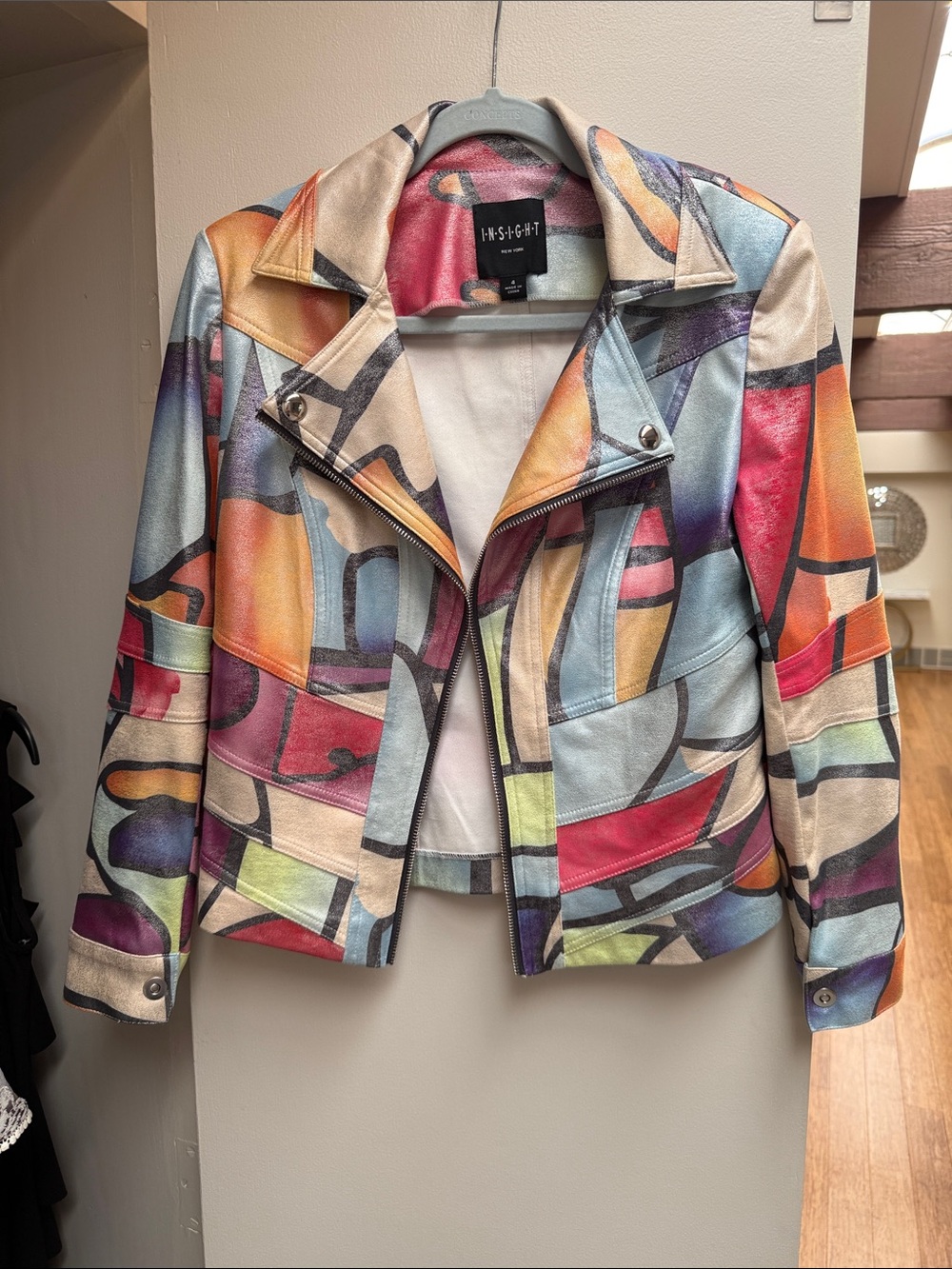 Insight Multicolor Abstract Print Leather Moto Jacket